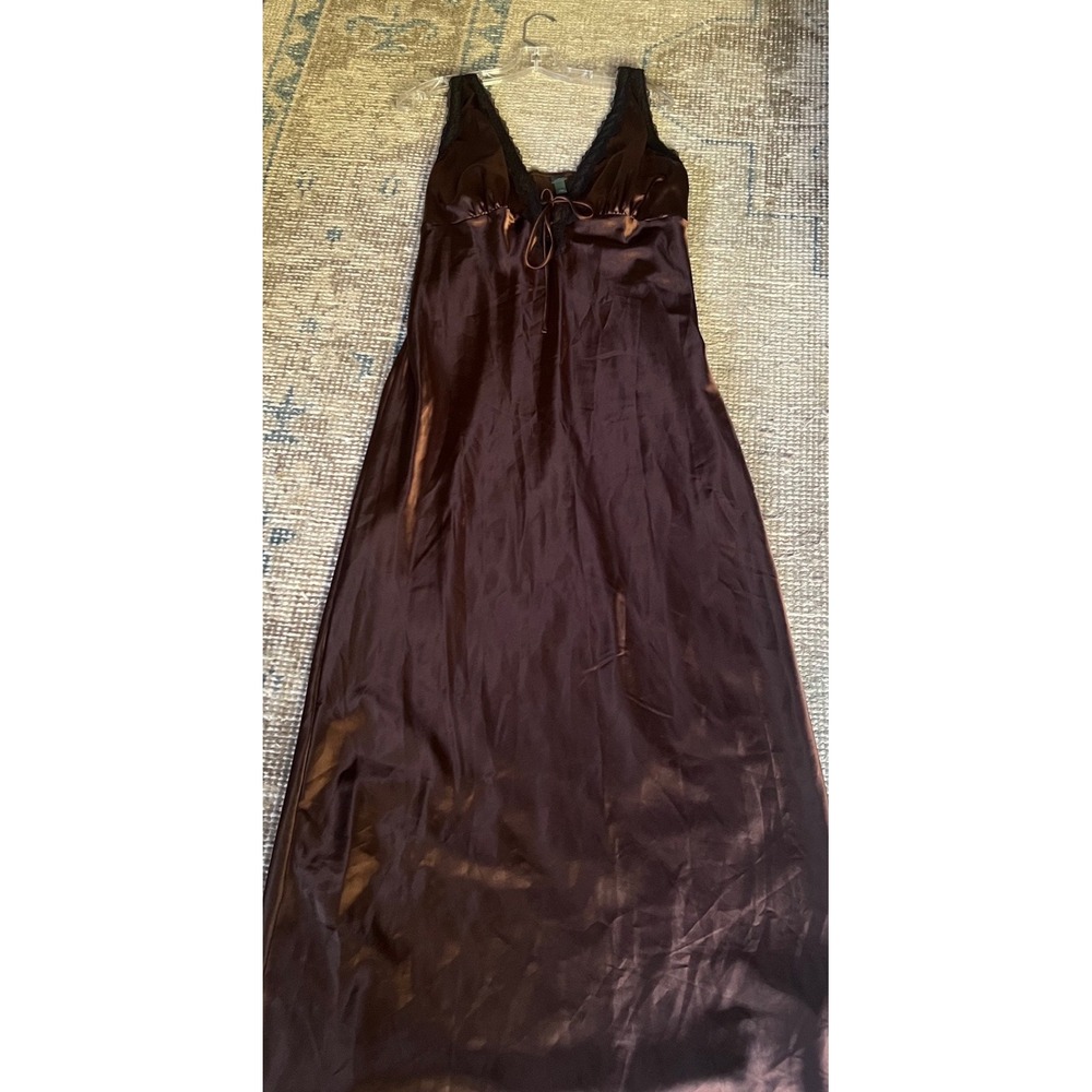 Babydoll Y2K Brown Satin Lace Trim Maxi Slip Dress Womens Large Chocolate V-Neck